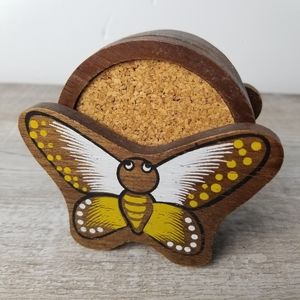 Vintage butterfly wood and cork coaster set of 6